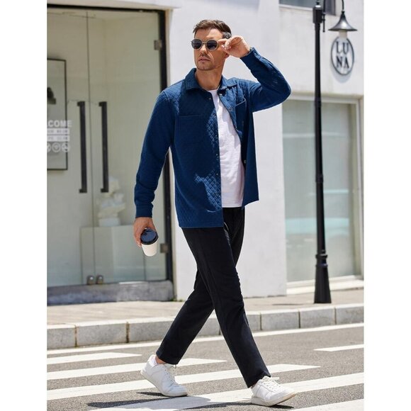 Mens Shacket Long Sleeve Shirt Jacket with Pockets Dark Blue Quilted Overshirt - Picture 4 of 5